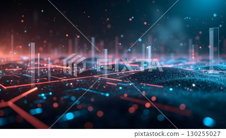 Futuristic Landscape with Colorful Lights and Data Connections in a 3D Environment 130255027