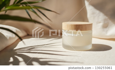 Elegant Glass Jar with Wooden Lid Surrounded by Natural Elements on Soft Beige Background Elegant Glass Jar with Wooden Lid Surrounded by Natural Elements on Soft Beige Background 130255061