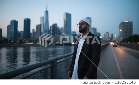 Man in Suit by River with City Skyline at Dusk, Urban Landscape with Modern Architecture 130255140