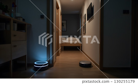 Smart robotic vacuum cleaning device at night in a modern home interior hallway with bedroom 130255179