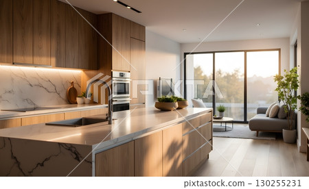 Modern kitchen interior design with marble countertops and wooden cabinetry in bright sunlight 130255231