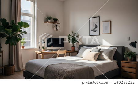 Cozy and Modern Bedroom with Natural Light and Green Plants for Relaxation and Work 130255232