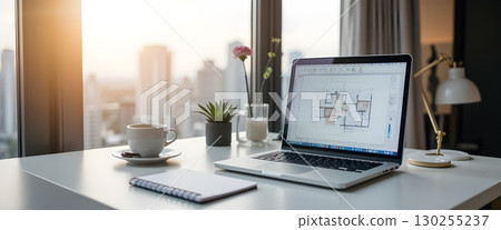 Modern Workspace with Laptop, Coffee, and Architectural Plans by a Sunlit Window in Cityscape Modern Workspace with Laptop, Coffee, and Architectural Plans by a Sunlit Window in Cityscape 130255237