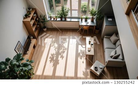 Modern Cozy Living Room with Natural Light and Indoor Plants in Contemporary Design Space 130255242