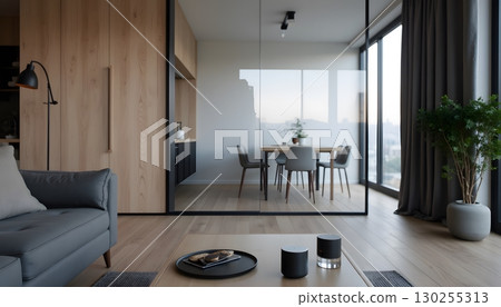 Modern Minimalist Living Space with Glass Wall and Wooden Accents in Urban Apartment 130255313