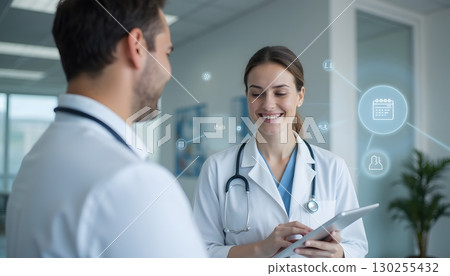 Healthcare professionals discussing patient information in modern medical office environment 130255432