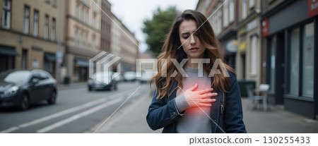 Woman with Heart Pain in Urban Street Setting, Emotional Health and Wellness Concept 130255433