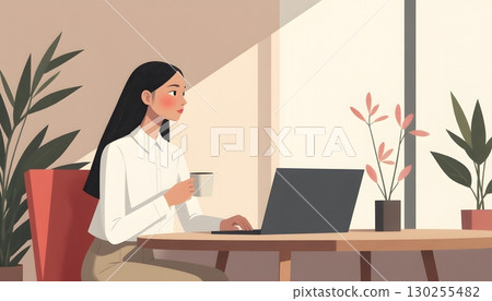 Young woman working on laptop while enjoying coffee in a modern home office with plants Young woman working on laptop while enjoying coffee in a modern home office with plants 130255482
