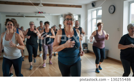 Energetic Group Fitness Class with Diverse Participants Smiling and Having Fun in Studio Energetic Group Fitness Class with Diverse Participants Smiling and Having Fun in Studio 130255486
