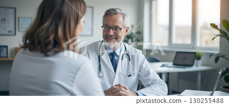 Friendly doctor discusses patient care with smiling woman in bright medical office setting 130255488
