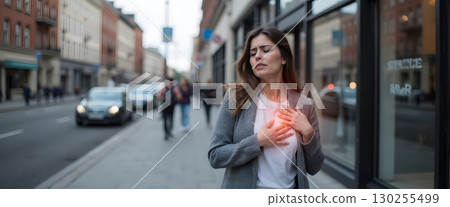 Woman Experiencing Chest Pain While Walking on City Street During Daytime in Urban Environment Woman Experiencing Chest Pain While Walking on City Street During Daytime in Urban Environment 130255499