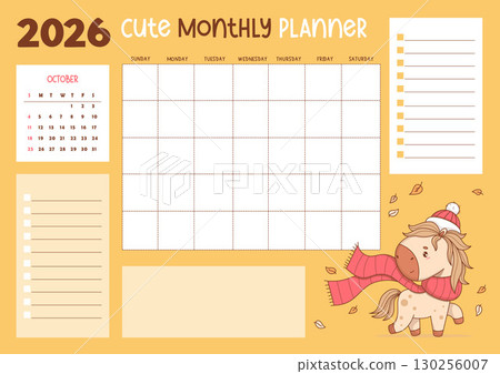 2026 October. Calendar, Monthly Planner. Cute Autumn Horse with Fall Leaves. Organizer for Month, To-Do list and Note, memo. Vector kids Horizontal Template with pony. Eastern Symbol 2026. Not AI 2026 October. Calendar, Monthly Planner. Cute Autumn Horse with Fall Leaves. Organizer for Month, To-Do list and Note, memo. Vector kids Horizontal Template with pony. Eastern Symbol 2026. Not AI 130256007