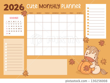 2026 November. Calendar, Monthly Planner. Cute Autumn Horse with Pumpkin and Maple Leaves. Organizer for Month, To-Do list and Note, memo. Vector Horizontal Template with pony. Eastern Symbol 2026 2026 November. Calendar, Monthly Planner. Cute Autumn Horse with Pumpkin and Maple Leaves. Organizer for Month, To-Do list and Note, memo. Vector Horizontal Template with pony. Eastern Symbol 2026 130256008