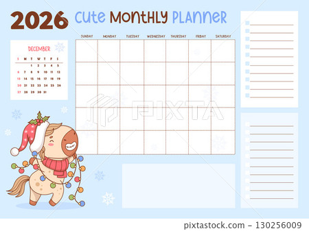 2026 December. Calendar, Monthly Planner with Happy Christmas Horse Santa. Organizer for grid Month, To-Do list and Note, memo. Vector Horizontal Template with Winter pony. Eastern Symbol 2026. Not AI 2026 December. Calendar, Monthly Planner with Happy Christmas Horse Santa. Organizer for grid Month, To-Do list and Note, memo. Vector Horizontal Template with Winter pony. Eastern Symbol 2026. Not AI 130256009