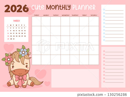 2026 March. Calendar, Monthly Planner with Cute Little Horse. Organizer for grid Month, To-Do list and Note, memo. Vector Horizontal Pink Template with Spring Kawaii pony. Eastern Symbol 2026. Not AI 2026 March. Calendar, Monthly Planner with Cute Little Horse. Organizer for grid Month, To-Do list and Note, memo. Vector Horizontal Pink Template with Spring Kawaii pony. Eastern Symbol 2026. Not AI 130256286