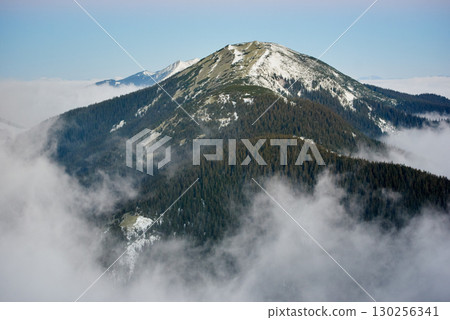 Breathtaking photograph showcases majestic mountain peak, partially covered with snow and surrounded by dense pine forests. Mist and clouds weave through valleys under clear blue sky. 130256341