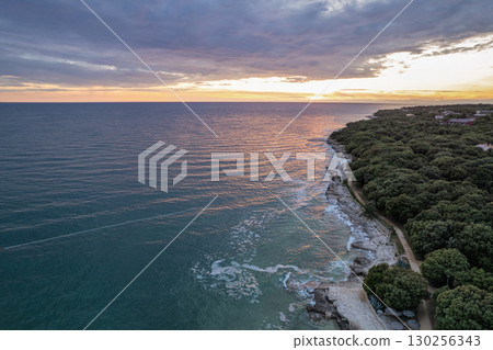 Aerial drone sunset view of Lanterna peninsula, Istria, Croatia. 130256343
