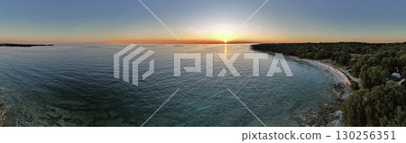 Aerial panorama drone sunset view of Lanterna peninsula, Istria, Croatia. Aerial panorama drone sunset view of Lanterna peninsula, Istria, Croatia. 130256351