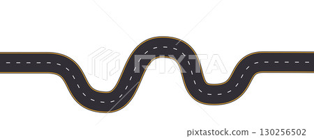 Winding road top view, highway curve path. Empty horizontal way, map. Asphalt wavy road template, game, design element. 130256502