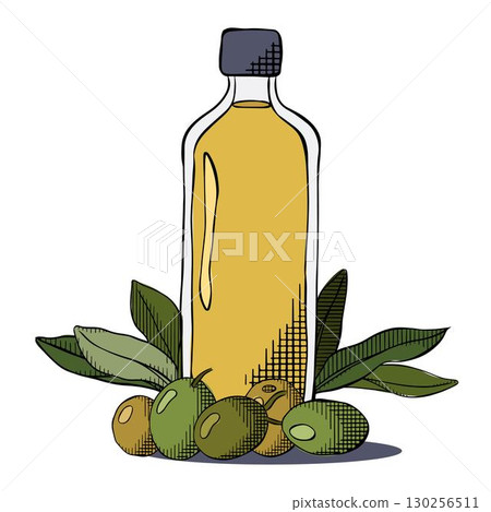 Olive oil bottle with berries and leaves composition. Vector graphic line ink colored illustration. Silhouette sign for logo, print, comics, fashion, boards, design, stickers, decoration, posters Olive oil bottle with berries and leaves composition. Vector graphic line ink colored illustration. Silhouette sign for logo, print, comics, fashion, boards, design, stickers, decoration, posters 130256511