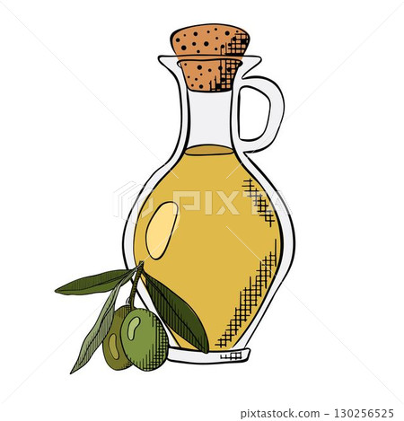 Minimalist drawing of olive oil bottle with berries. Vector graphic line ink colored illustration for cooking themed art Mediterranean kitchen decor and organic food visuals 130256525