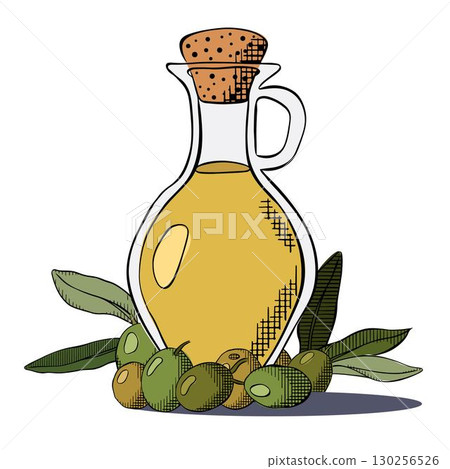 Hand-drawn olive oil bottle with berries and leaves composition. Vector graphic line ink colored illustration. Extra virgin olive oil. Vintage style. Sample poster, holiday banner, postcard. 130256526