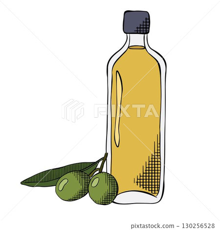 Olive oil with the olives vector icon, extra virgin oil illustration. Vector graphic line ink colored illustration. Shopping category icon template. Useful for web and mobile apps 130256528