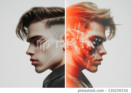 Split screen of mans face and robot concept, showcasing future technology 130256530