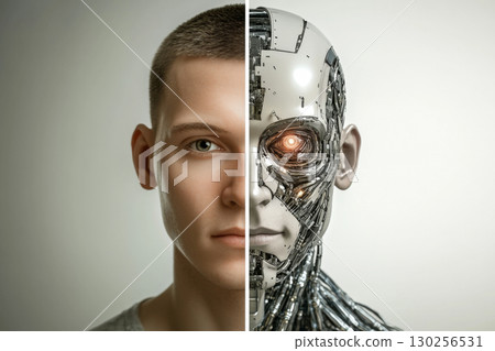 Split screen of mans face and robot concept, showcasing future technology 130256531