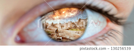 Closeup of human eye reflecting apocalyptic war scene with fire and soldiers 130256539