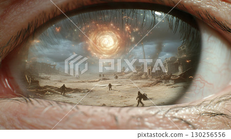 Apocalyptic scene in human eye closeup reflecting massive fire and sun 130256556