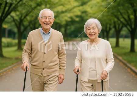 A friendly elderly couple walking peacefully 130256593