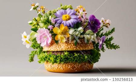 Creative food burger made of flowers Creative food burger made of flowers 130256813