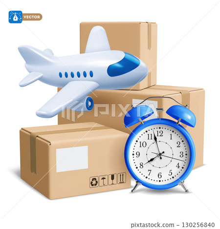 Cardboard Delivery Boxes With Alarm Clock And Plane Fast Delivery Concept 130256840