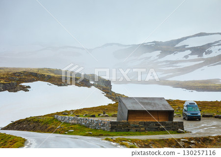Aurlandsvegen mountain road between Aurland and Laerdal in Norway 130257116