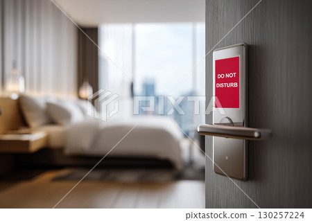 Modern hotel room with "Do Not Disturb" sign 130257224