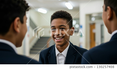 A joyful male student in a school uniform smiles brightly while chatting with friends in a school hallway. A joyful male student in a school uniform smiles brightly while chatting with friends in a school hallway. 130257408
