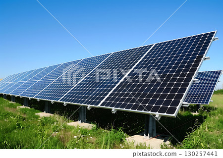 A view of solar panels and renewable energy under a blue sky 130257441