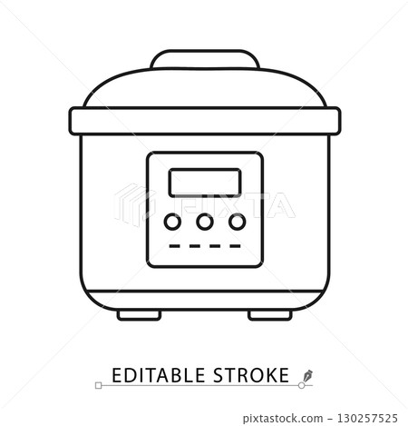 A multicooker icon in minimalist style with editable stroke. Kitchen appliance, cooking equipment, household device, modern technology, electronic machine, domestic utility, interior element. 130257525