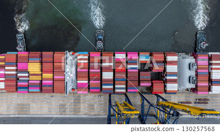 Aerial view container cargo ship at port with tugboat, Business global import export logistic maritime transport by container cargo ship vessel, International trade container cargo freight shipping. 130257568