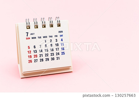 July 2026 calendar pink background 130257663