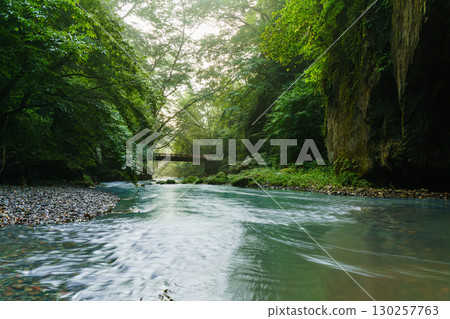 Taishaku Gorge bathed in the morning sun, Jinseki District, Hiroshima Prefecture 130257763