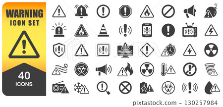 Warning Icon Symbol Set. Caution Icons Pack Featuring Alerts, Caution Signs, Hazard Symbols, And Safety Notifications. Isolated Vector Illustration Symbol Sign Collection 130257984