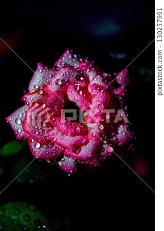 Pink rose flower wet with night dew | Fantastic petals with sparkling water droplets 130257991