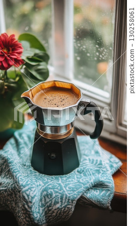 Classic aluminum coffee pot with hot espresso on windowsill with green plants cozy home atmosphere 130258061