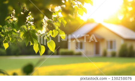 Peaceful residential area green lawn foreground with blurred house and natural lighting atmosphere 130258076