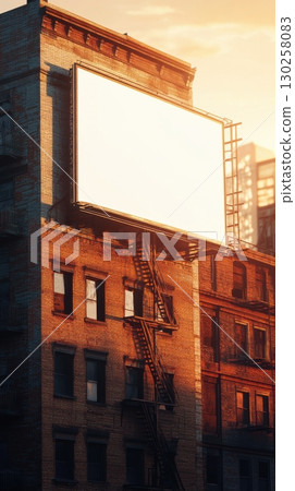 Blank billboard on old brick building with fire escape at sunset city view 130258083