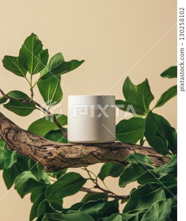 Natural skincare cream container placed on tree bark with fresh foliage and warm lighting effects Natural skincare cream container placed on tree bark with fresh foliage and warm lighting effects 130258102