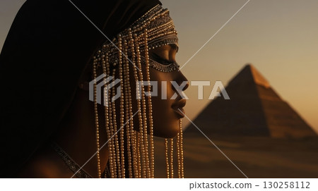 Portrait of female model in ancient Egyptian costume with ornate accessories and desert landscape 130258112