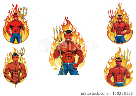 Devil with trident in the fire, Evil laughing devil, Angry red demon illustration, muscular demon with glowing eyes, strong sports cartoon character, set 130258136